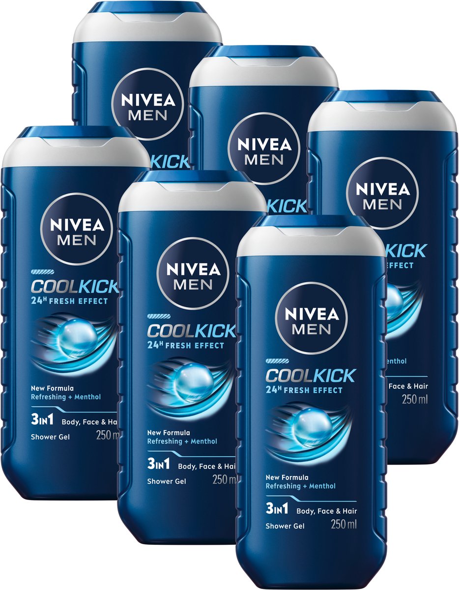 Bol.com NIVEA MEN Cool Kick Douchegel Mannen - 3-in-1 Shower Gel met Verfrissende Menthol - Shampoo - Voordeelverpakking - 6 x 2... aanbieding