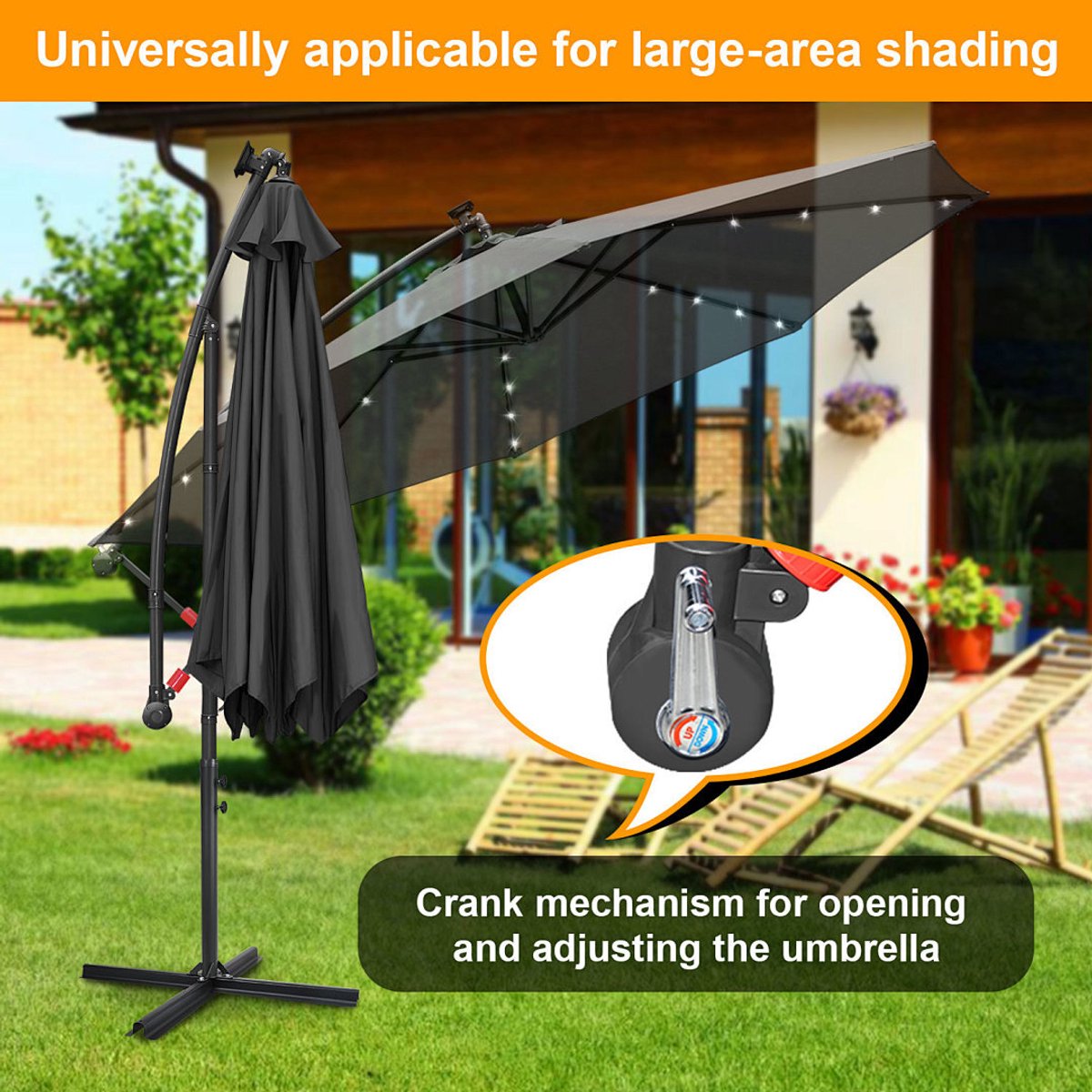 Zweefparasols - 350CM - Solar LED Verlichting 32x Wit - UV 50+ bescherming (blokkeert 98% UV) - Multi-angle Kantelbaar & Draaibaar - Windbestendig frame 8 Ribben - Incl. Kruisvoet - Waterafstotend doek Grijs – foto 4