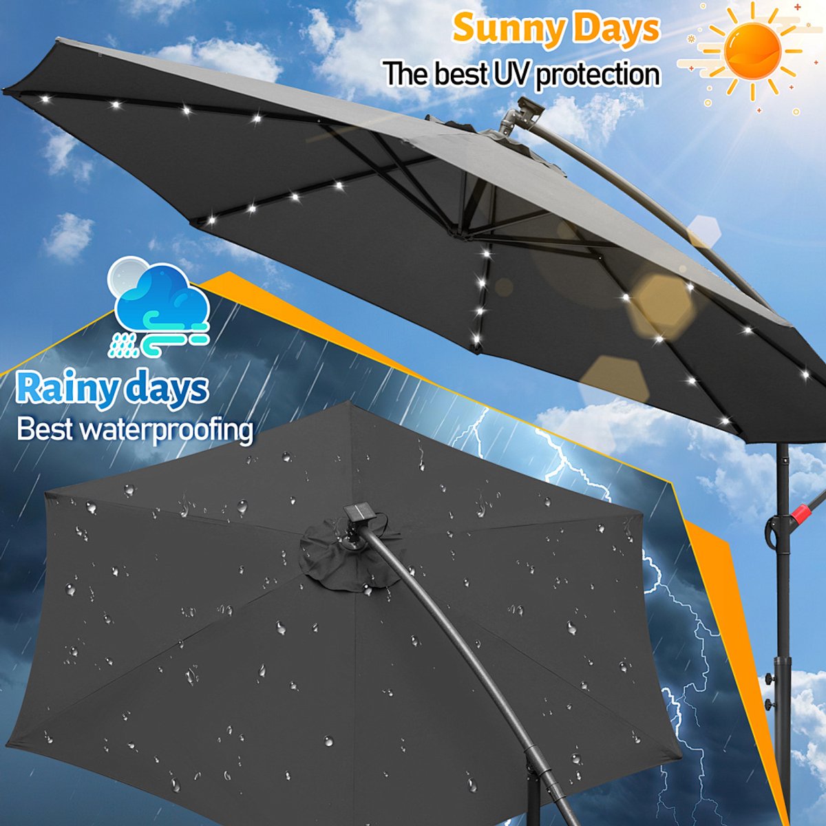 Zweefparasols - 350CM - Solar LED Verlichting 32x Wit - UV 50+ bescherming (blokkeert 98% UV) - Multi-angle Kantelbaar & Draaibaar - Windbestendig frame 8 Ribben - Incl. Kruisvoet - Waterafstotend doek Grijs – foto 8