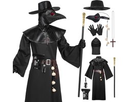 Zwart Plague Doctor Kostuumset voor Mannen met Hoed, Masker, Sjaal, Robe, Handschoenen en Accessoires