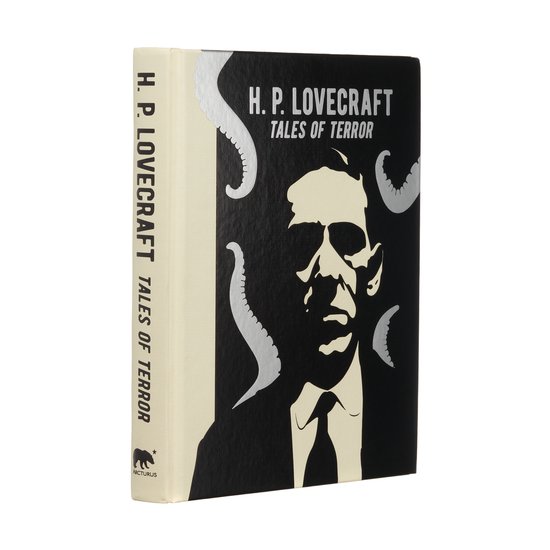 Boek met H.P. Lovecraft: Tales of Terror op de kaft. Zwart-wit afbeelding van een man met tentakels.