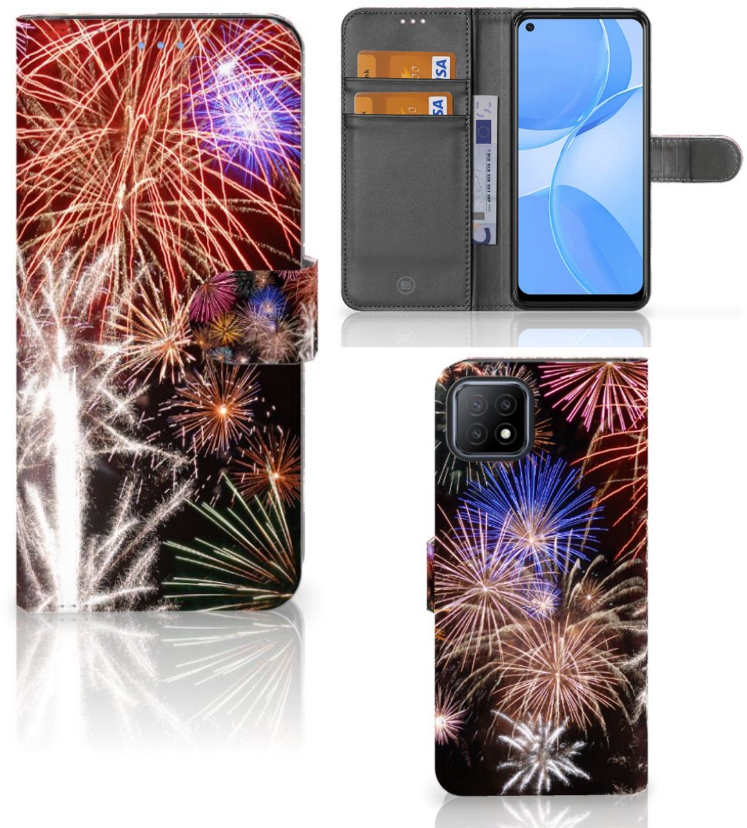 OPPO A73 5G Wallet Case met Pasjes Vuurwerk