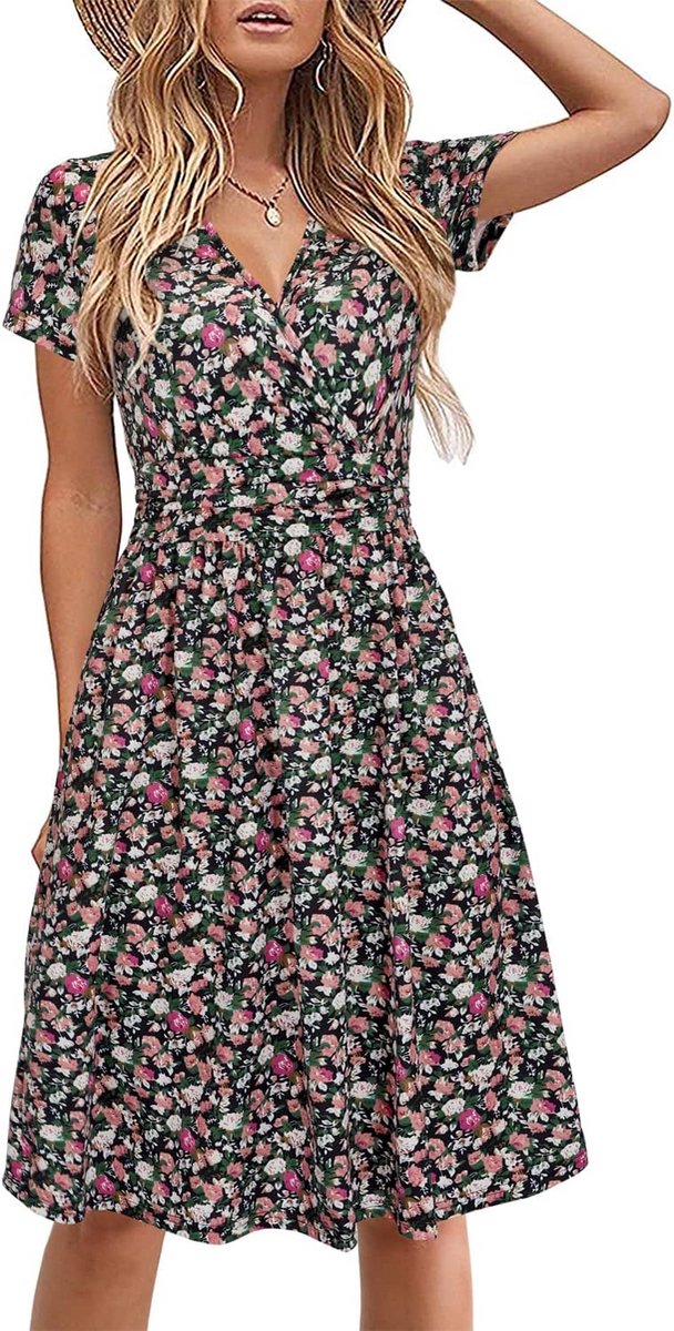 Zomerjurk Dames Korte Mouwen V-hals met Bloemenmotief Strandjurk met Zakken