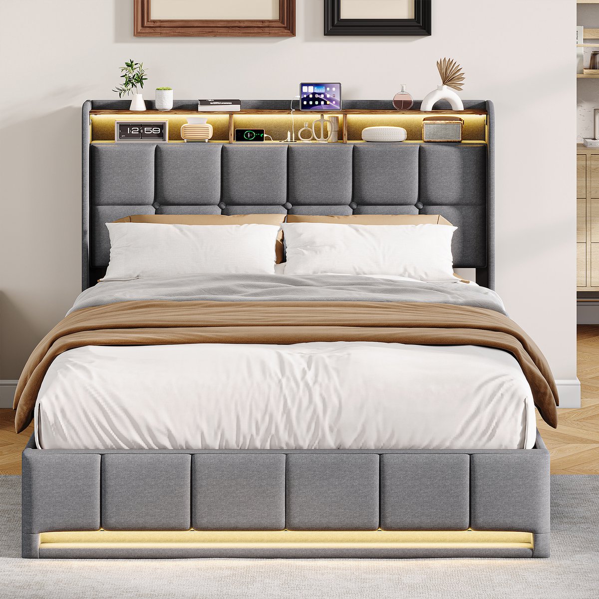 SHOPENTRA Opbergbed 160x200 cm Grijs met LED Hoofd- & Voetbord - afbeelding 2