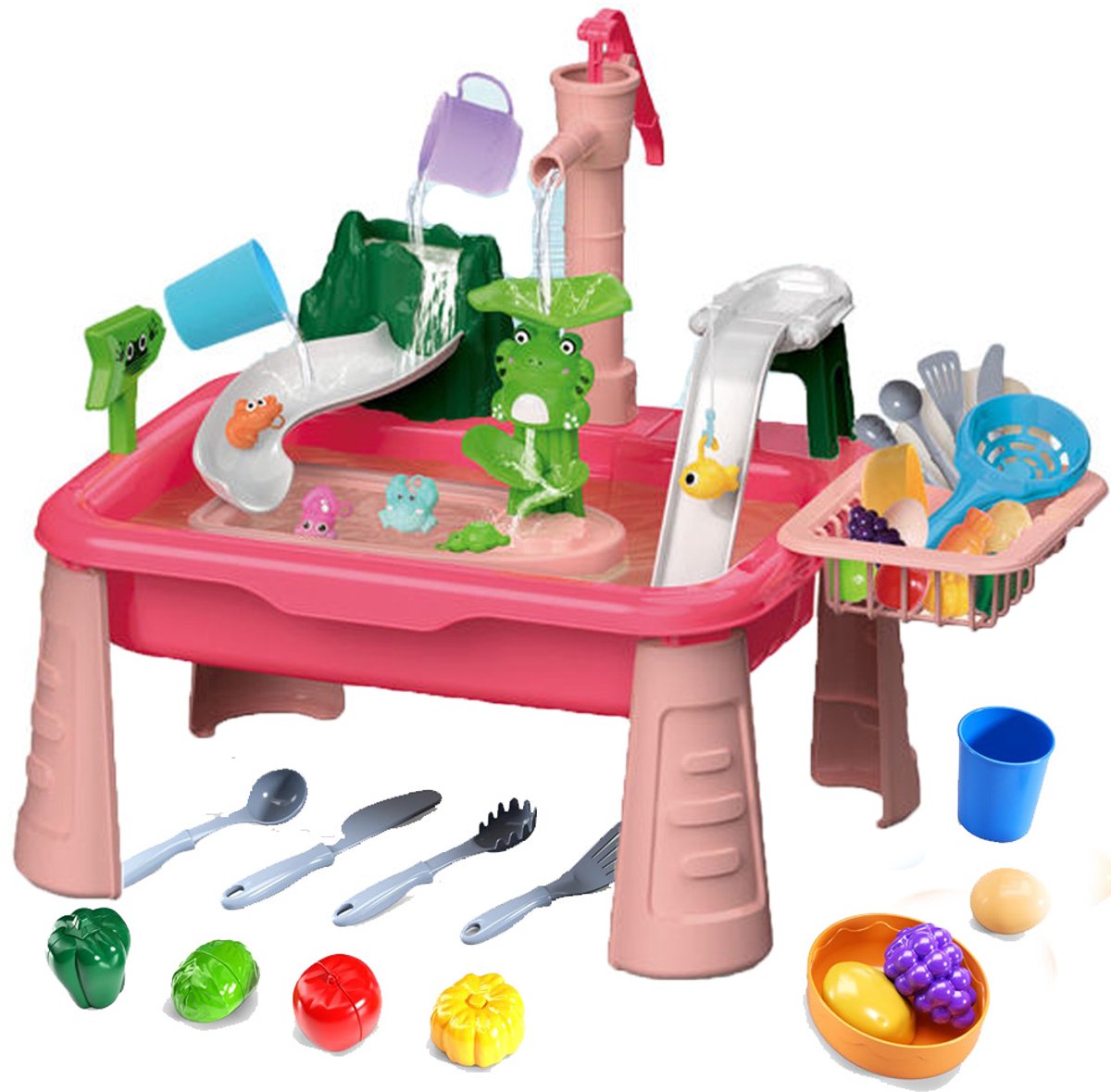 Buitenspeelgoed - Watertafel speelgoed voor 3-5 jaar - Speelgoedsink met stromend water - Grote watertafel voor kinderen - Rollenspeelgoed voor jongens en meisjes - Roze, handmatig