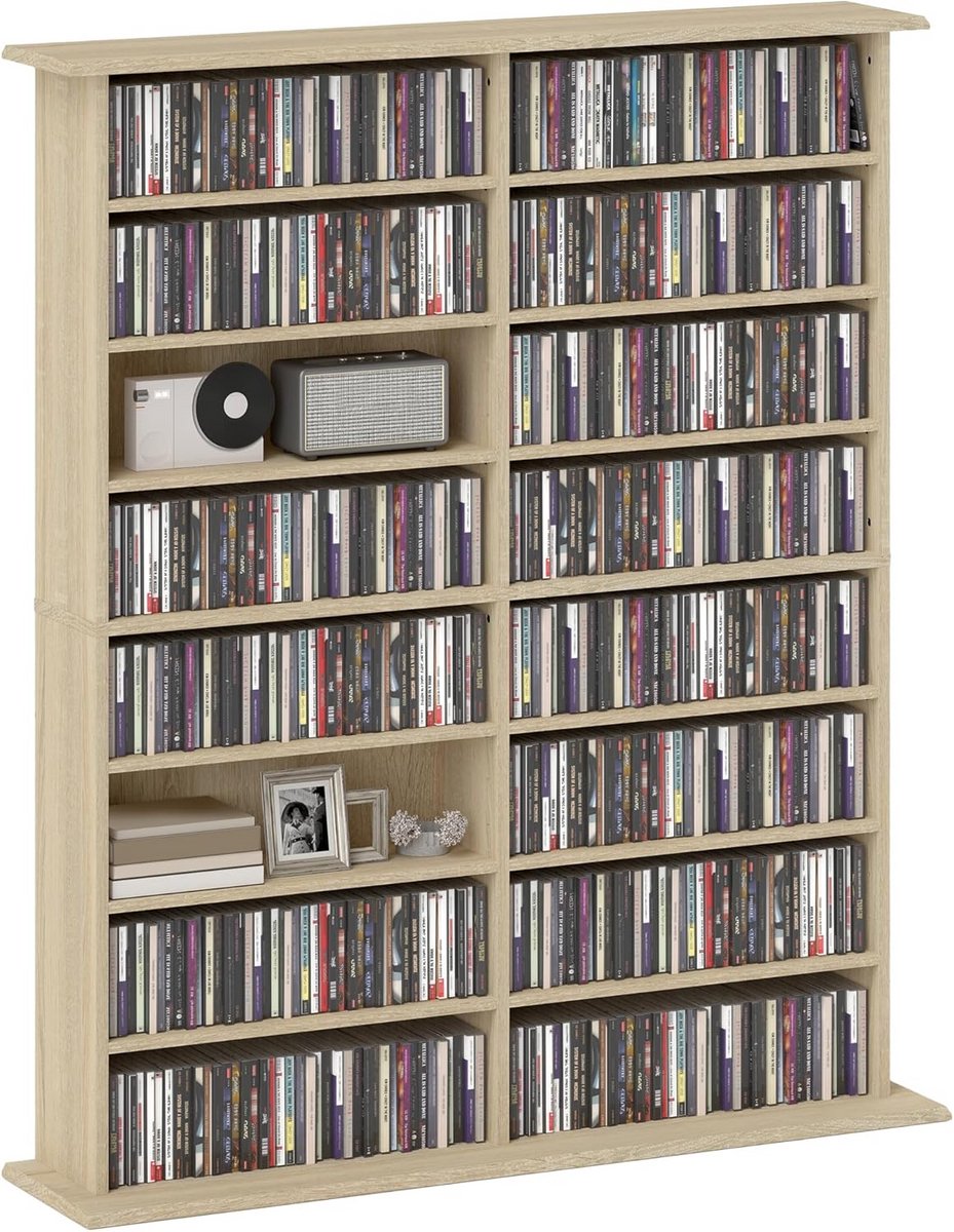Multimedia-opbergkast met 16 vakken en 12 verstelbare planken voor 720 CD's of 396 DVD's/Blu-rays