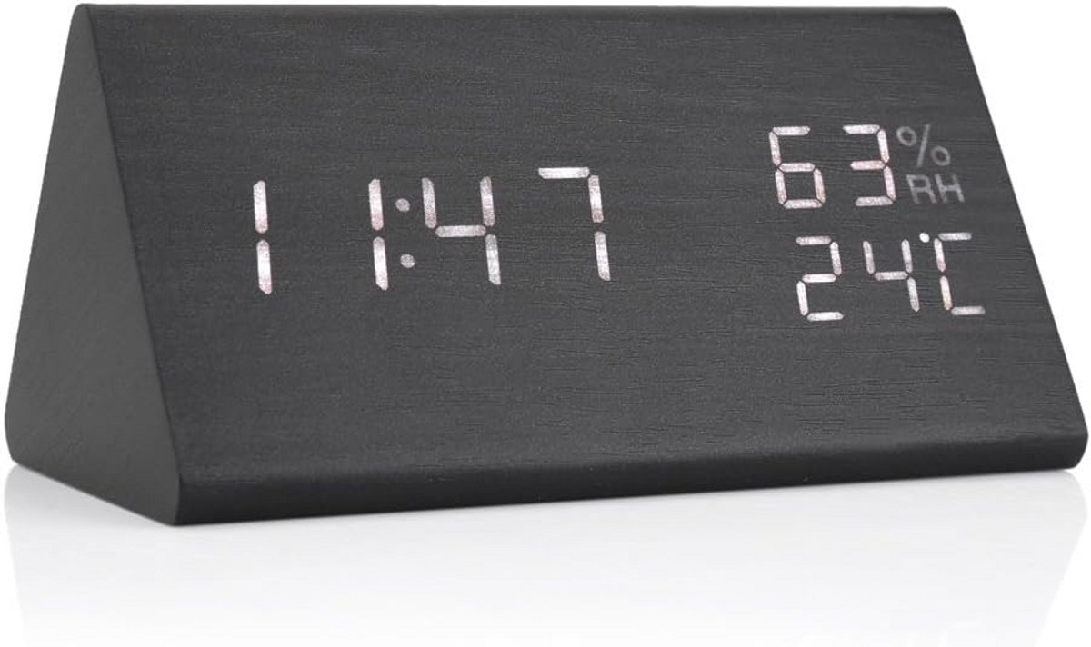 Houten Digitale Wekker met LED Tijd, Temperatuur en Vochtigheidsweergave