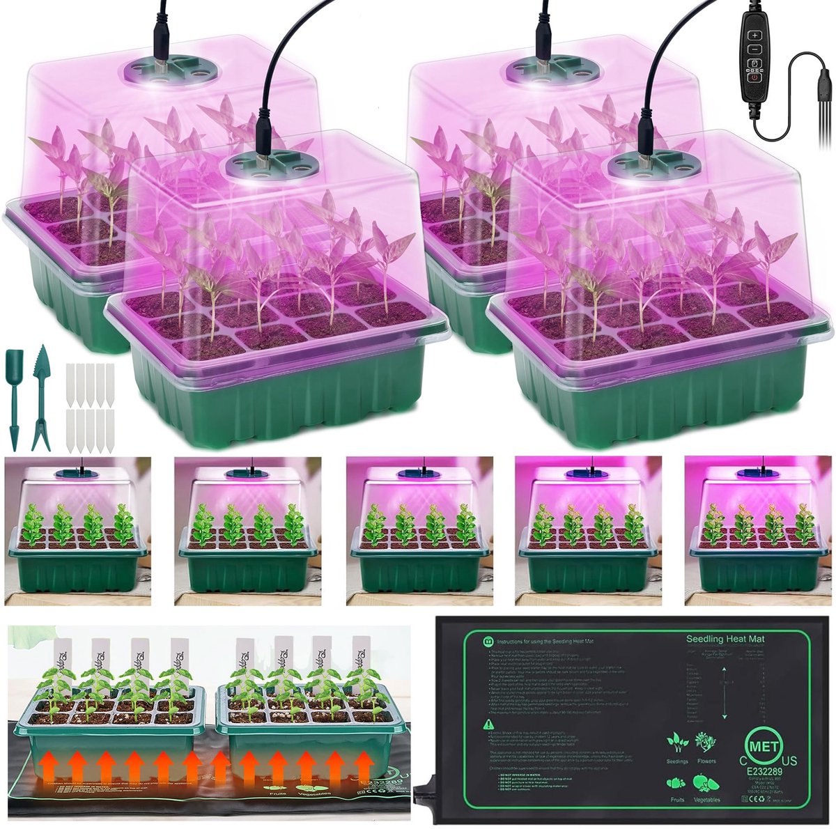 MUPOO IP67 Kweekbak met Verlichting en Warmtemat - Professionele Kweekset met 3 Lichtmodi & 4 Timers -Herbruikbaar -Full Spectrum LED - Instelbare Luchtvochtigheid -Seed Starter Kit voor Groenten en Bloemen -6 pack