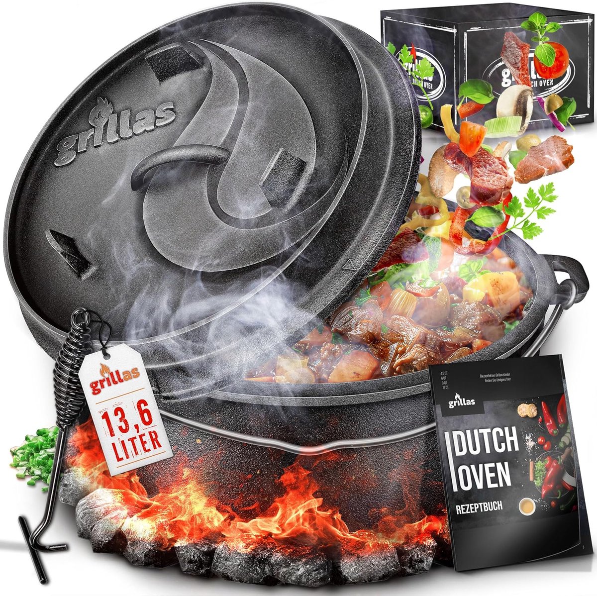 Gietijzeren Dutch Oven Set 13,6L / 12QT - Pre-Seasoned Braadpan met Deksellifter & Receptenboek