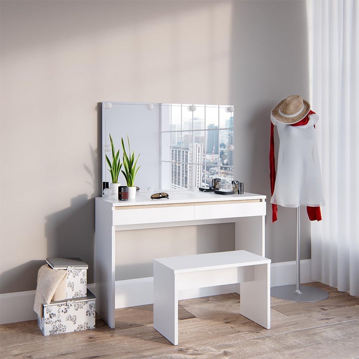 Witte Kaptafel 120 cm met Spiegel, LED Verlichting en Zitbank