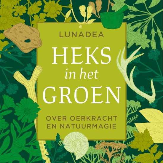 Boekhoes met groene bladeren, houten takken, een gewei en mortier. Titel: Heks in het groen.