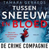 Een vrouw in rode jas ligt in de sneeuw. Titel: Tussen Sneeuw en Bloed.