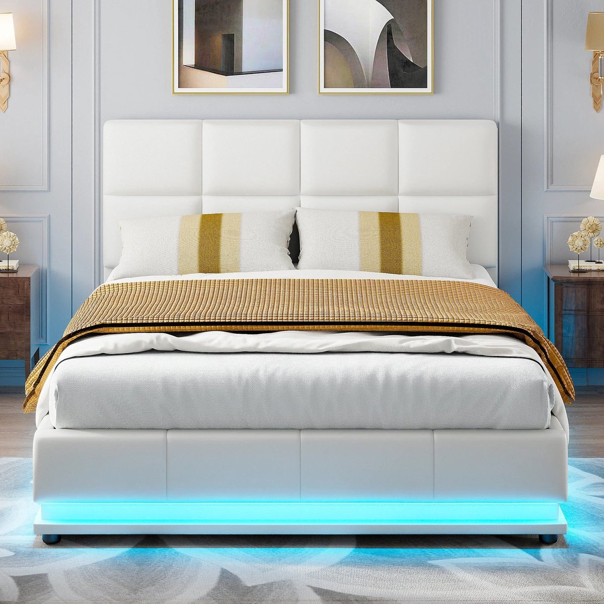 Opbergbed – Hydraulisch Bed – Stauraumbed – Gestoffeerd Bed – Tweepersoonsbed – Wit Kunstleer – 140x200 cm – Met 35 cm Opbergruimte