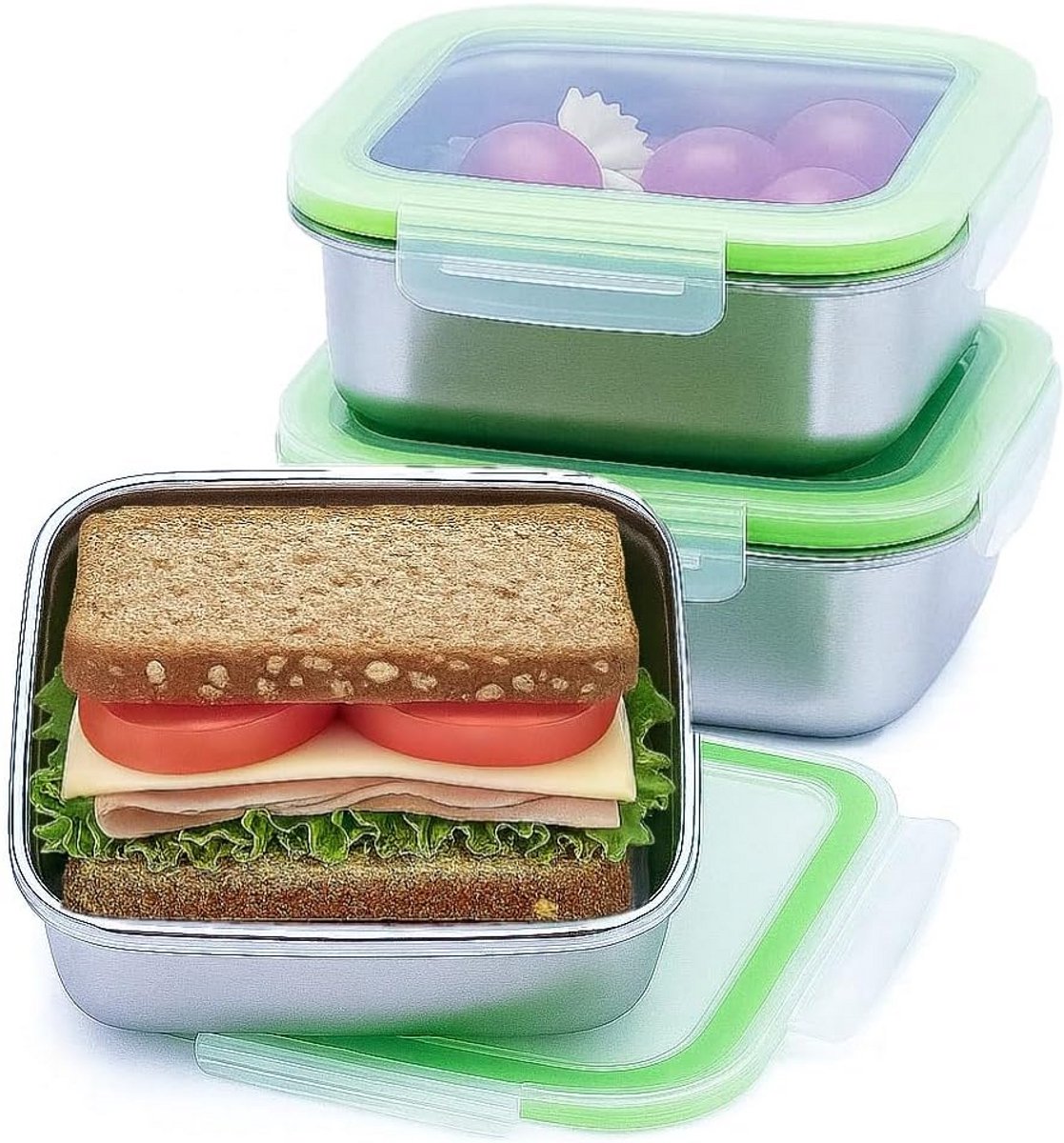 Set van 3 RVS Broodtrommels met Luchtdicht Deksel - Food Grade Lunchboxen