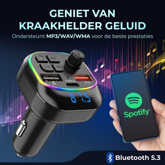 Bluetooth Transmitter - FM Transmitter voor Auto - Carkit met Handsfree Bellen - Bluetooth Auto Ontvanger - Autolader USB-C - SD Kaart