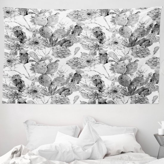ABAKUHAUS Cactus Wandtapijt en Sprei, Boho Stijl Botanisch, 230 x 140 cm, Grijs Wit