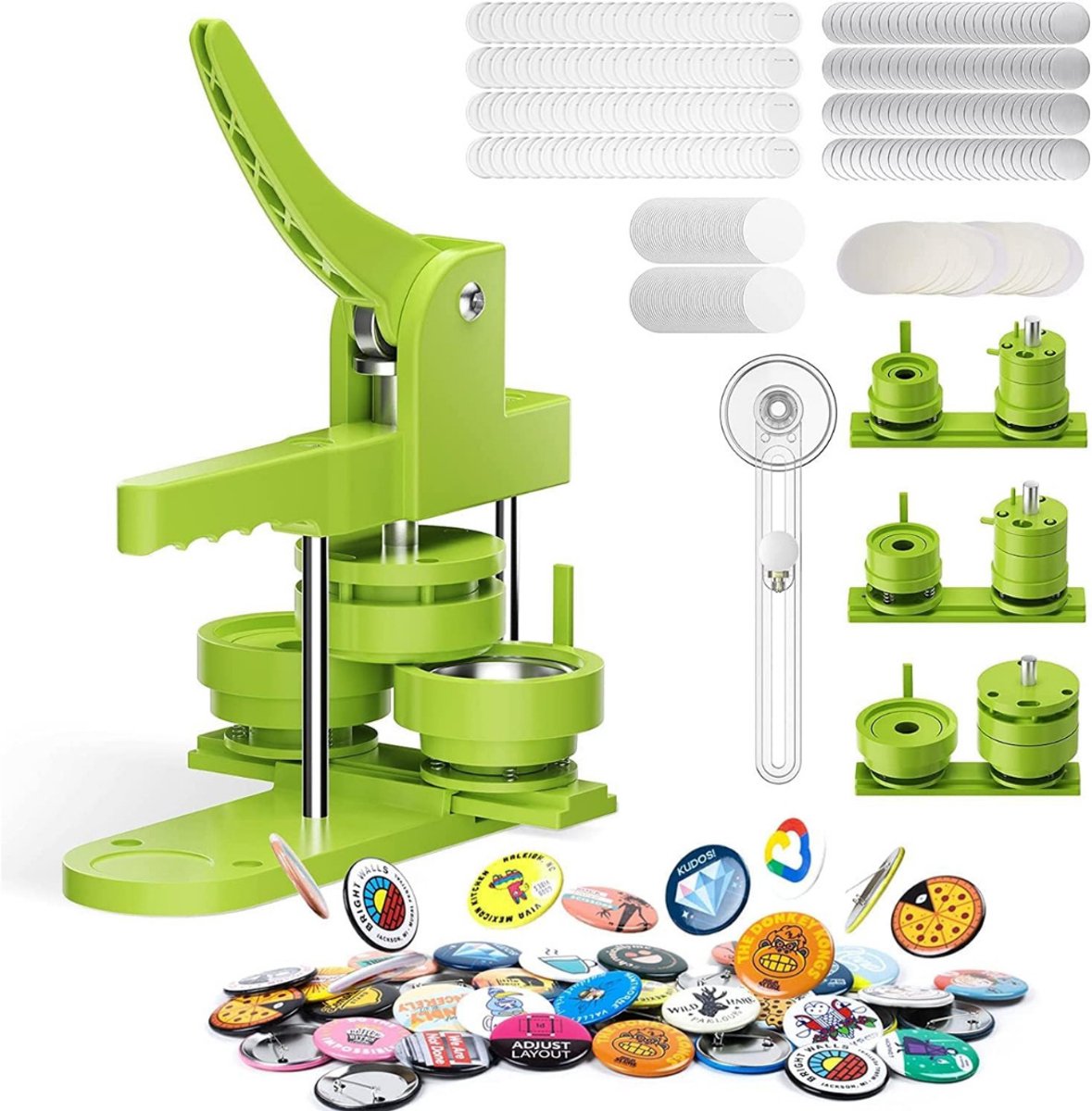 VIN® Button Maker – Button Machine - 25+32+58 mm – Badge Maker – Buttons Zelf Maken – Buttons Maken – met 100 Plastic Button Onderdelen – Groen