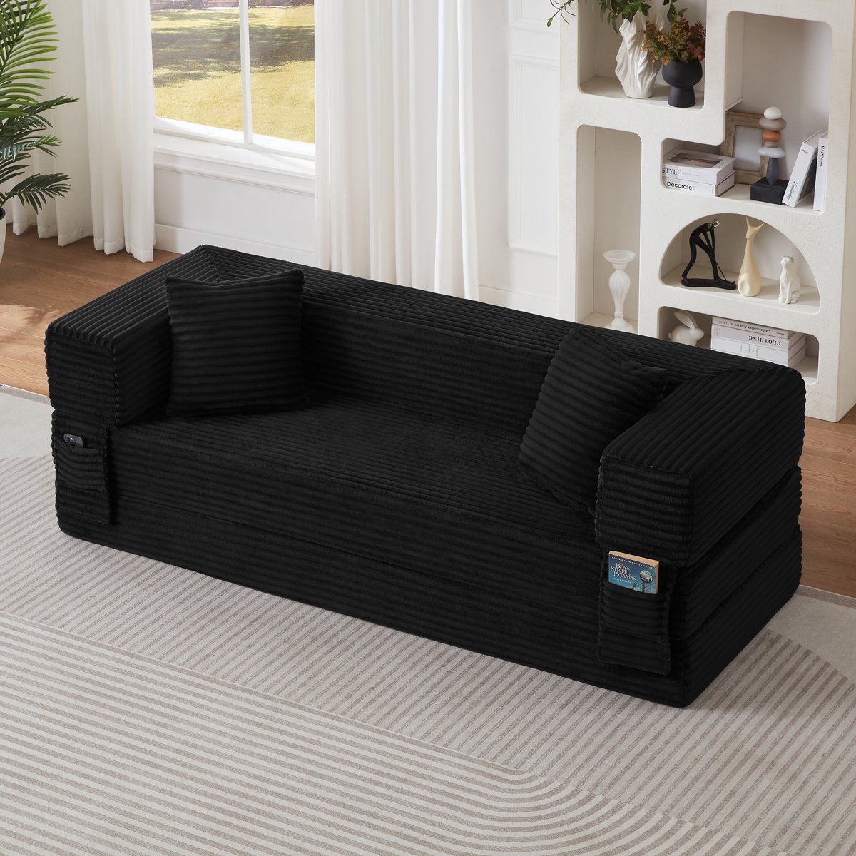 OKWISH Slaapbank - Omvormbaar Tot Klein Tweepersoonsbed - Klassiek Vierkant Design - Voor Woonkamer Of Appartement - Schuim - Zwart