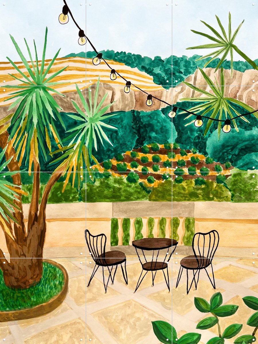 IXXI Tramuntana Terrace, Palmartprints - 60 x 80 cm - Gratis ophangtool - Grote wanddecoratie en posters - Illustraties, Speels, Modern, Aquarel