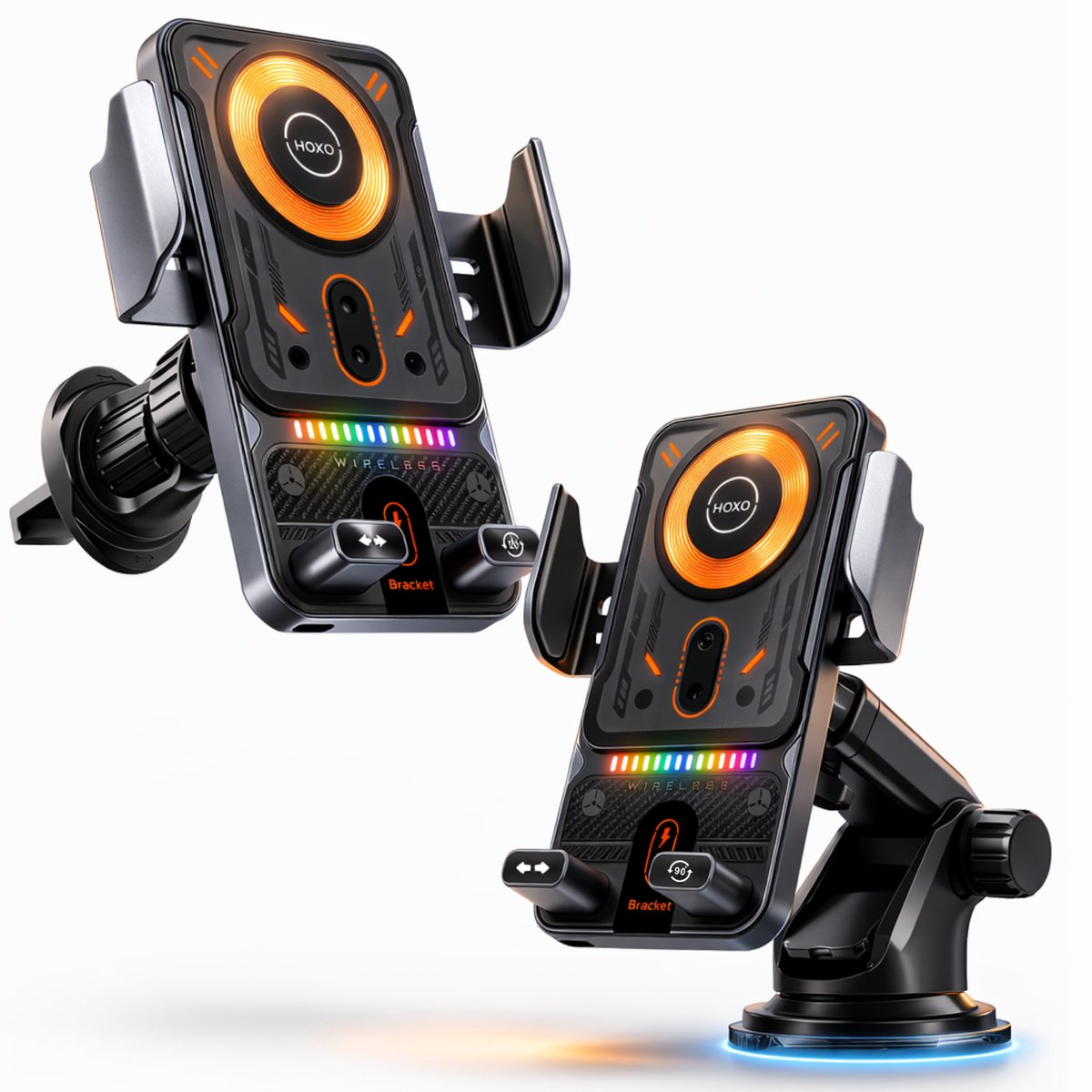 Telefoonhouders auto 15W Draadloos Opladen - Ventilatie, Raam, Dashboard - Extra Sterk Zuignap - 360° Rotatie met 1 knop - Inclusief ventilatieroosterclip met haakje