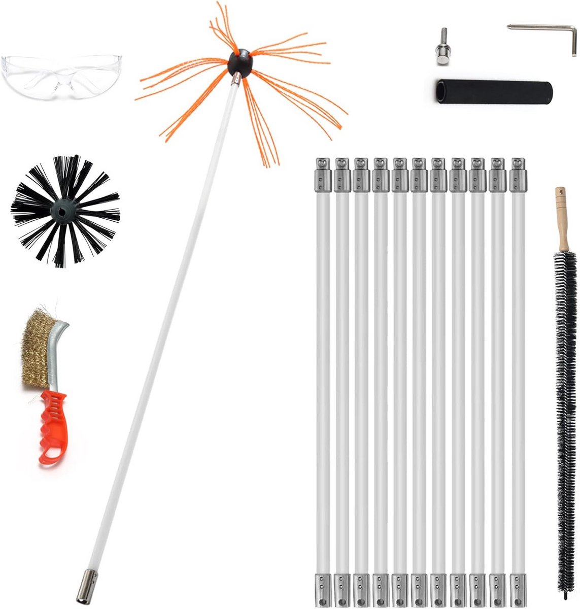 Professionele Schoorsteenveger en Ovenpijpborstel - 12 meter Lang - Compleet met Radiatorborstel en Draadborstel