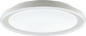 Witte, ronde plafondlamp met een verlichte buitenrand.