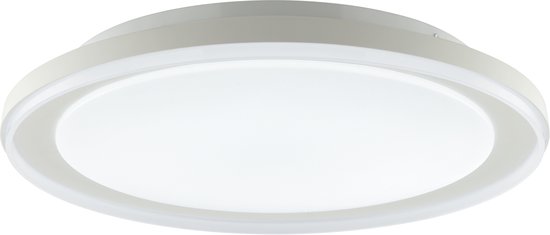 Witte, ronde plafondlamp met een verlichte buitenrand.
