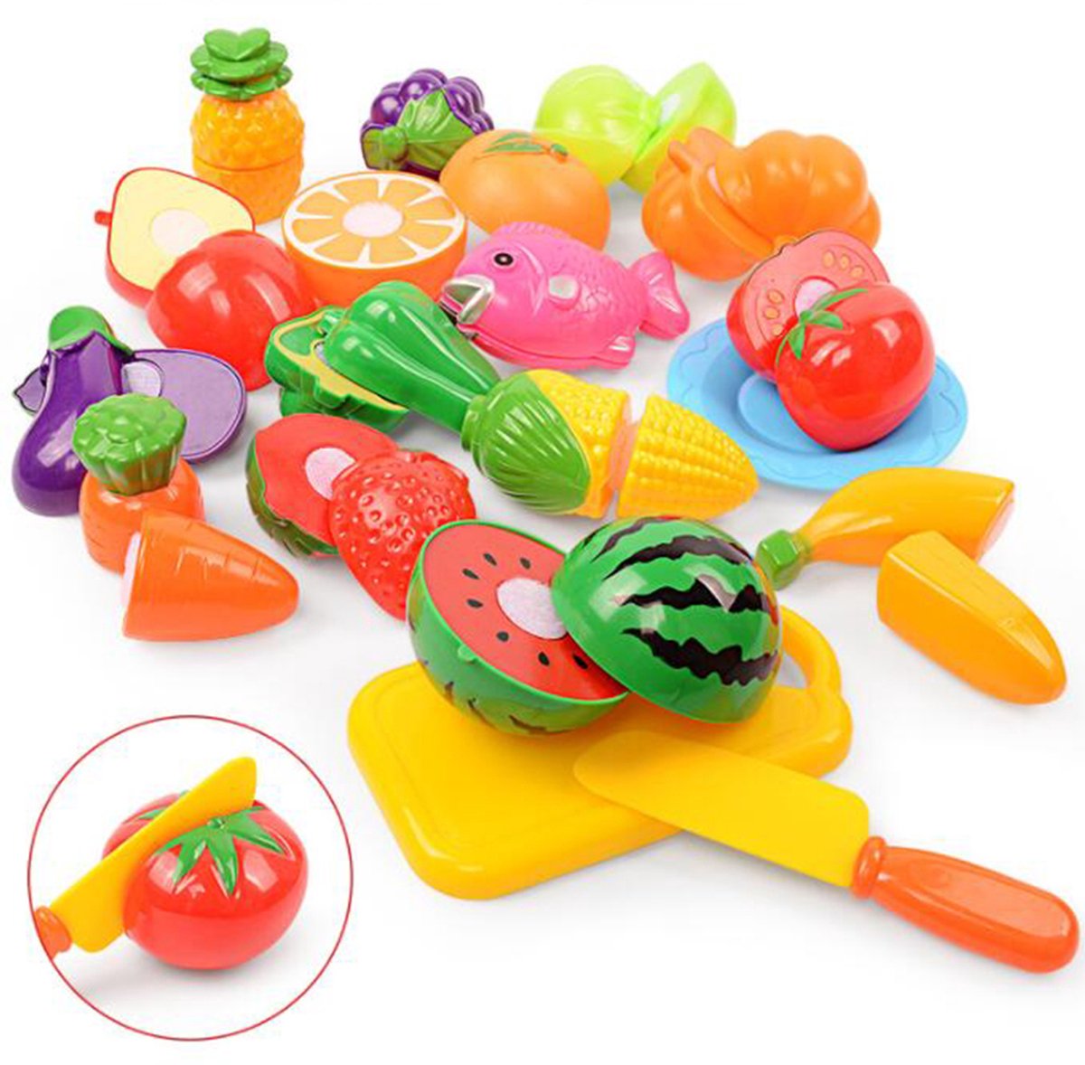 18-delige speelgoedset voor de kinderkeuken, accessoires voor nepfruit en -groenten, plastic mini-snijplankje en mesje, educatief speelgoed voor peuters, verjaardagscadeaus