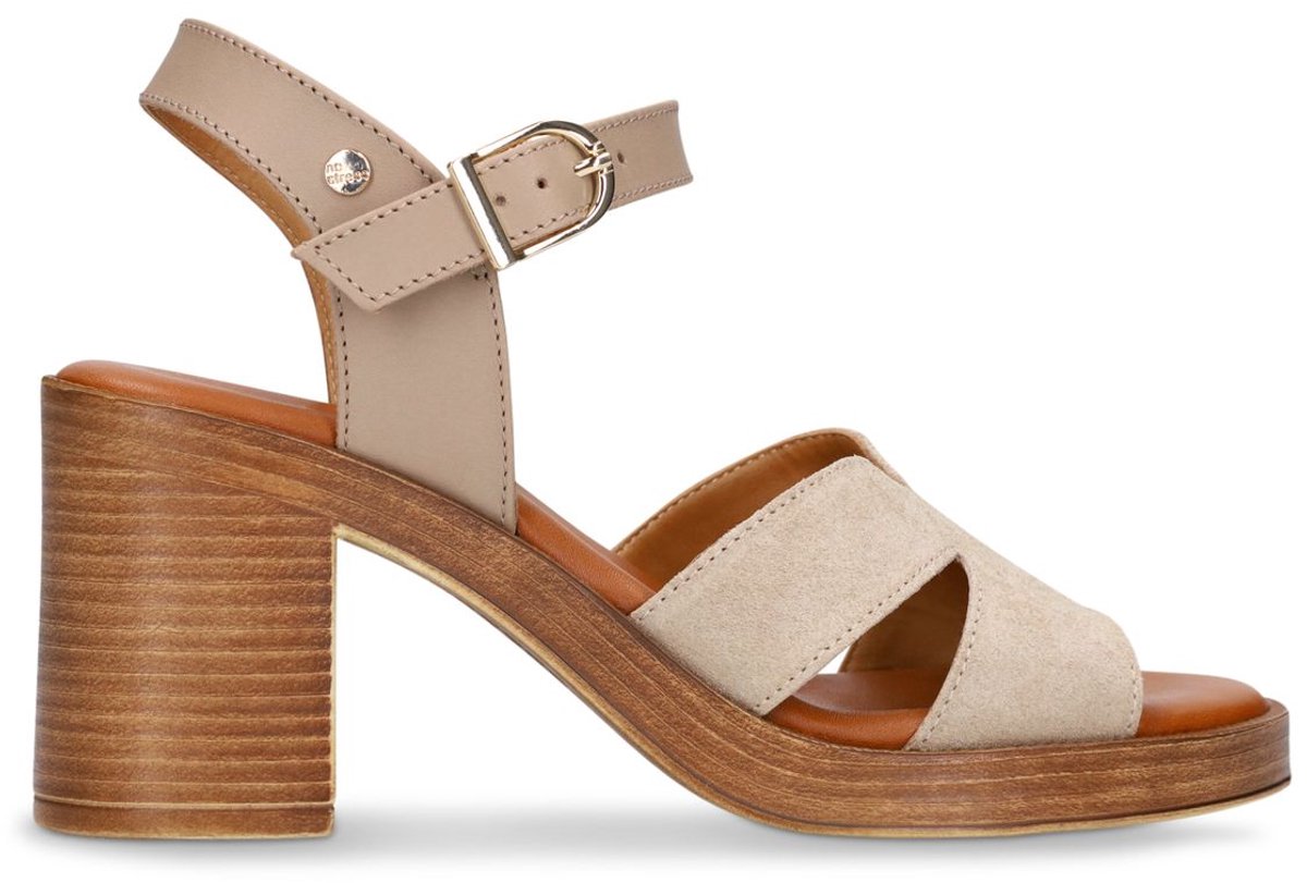 No Stress - Dames - Beige suède sandalen met blokhak - Maat 42