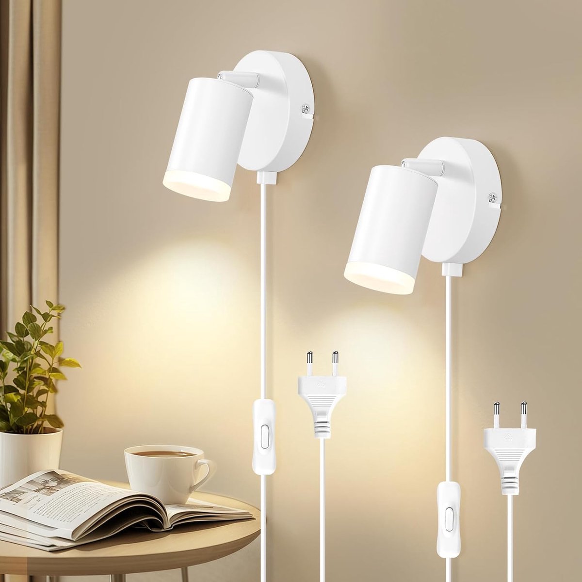 Ronde LED Wandlamp met Stekker en Schakelaar, Matte Witte Wandverlichting voor Binnen, Draaibaar tot 350°, Geschikt voor Slaapkamer, Studiekamer, en Kantoor, Set van 2
