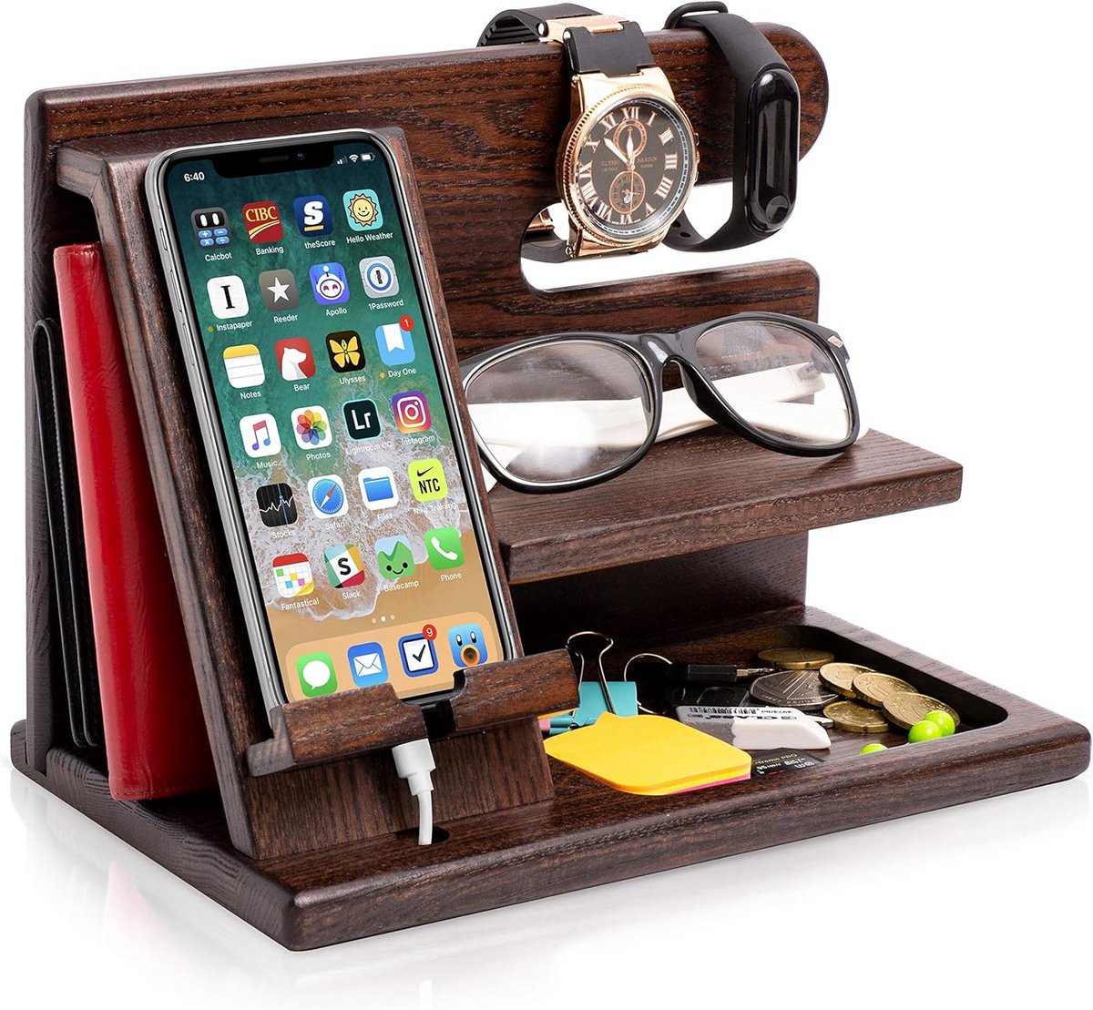 Houten Dockingstation Organizer voor Telefoon, Sleutels en Horloge