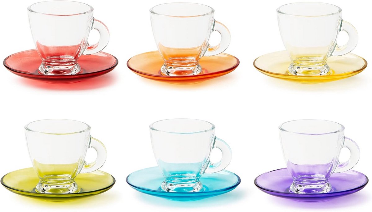 Set van 6 Koffiekopjes met Schotels - Transparante Glas Koffiekopjes