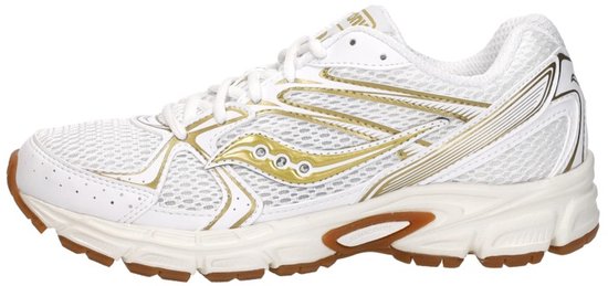 Witte Saucony sneaker met gouden accenten en een crèmekleurige zool met bronzen loopvlak.