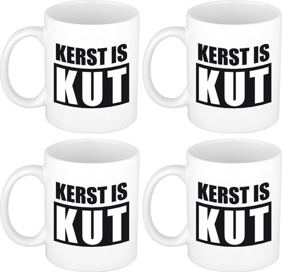 Set van 4x stuks cadeau kerstmokken kerst is kut - 300 ml - keramiek - koffiemokken / theebekers - Kerstmis - kersthater / kutkerst