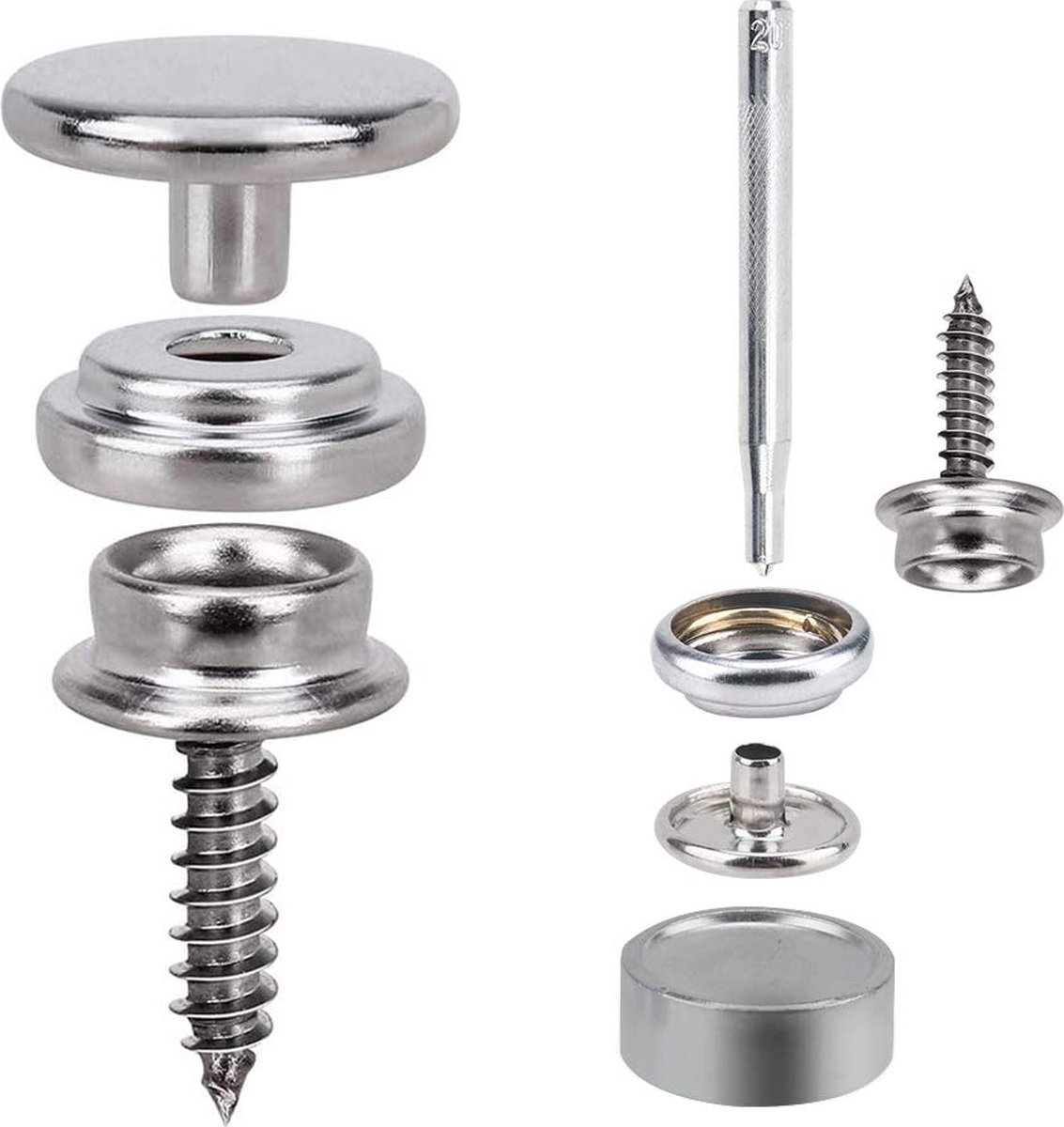 20 Sets Metalen Drukknoopsluiting, Canvas Drukknopen Schroef Roestvrij, Vaste Schroef Snap Fasteners, Press Stud Kit, Snap Fasteners Schroeven, voor Boot, Jachtzeil, Tent, Zeildoek, Leer