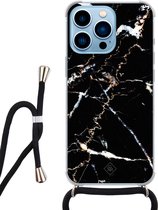 iPhone 13 Pro hoesje met koord - Marmer zwart | Apple iPhone 13 Pro crossbody case | Zwart, Transparant | Marmer