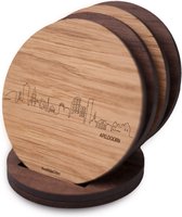 Skyline Onderzetters Apeldoorn - Eiken en noten hout - 4 stuk(s) + houder - Ø 9 cm Rond - Cadeau - Woon decoratie - Woonkamer - WoodWideCities