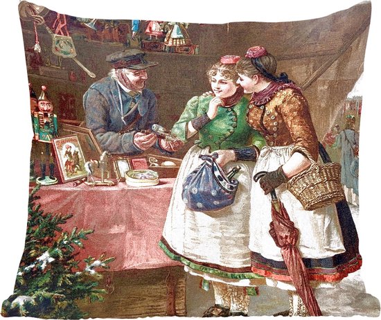 Sierkussens - Kussentjes Woonkamer - 45x45 cm - Kerst - Portret Kerstmarkt - Vintage - Kerstversiering - Kerstdecoratie voor binnen - Woonkamer