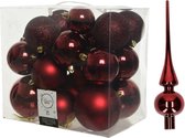 Kerstversiering kunststof kerstballen donkerrood 6-8-10 cm pakket van 27x stuks - Met glans glazen piek van 26 cm