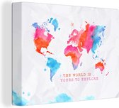 Wanddecoratie Wereldkaart - Spreuk - Motivatie - Reizen - Canvas - 120x90 cm