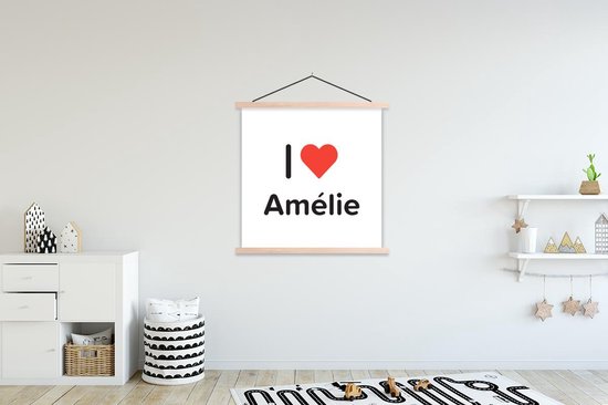 Posterhanger incl. Poster 120x120 cm - Schoolplaat - I love - Amélie - Meisje - Textielposter - Blanke latten