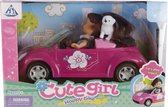 pop met auto meisjes 21 cm roze 3-delig