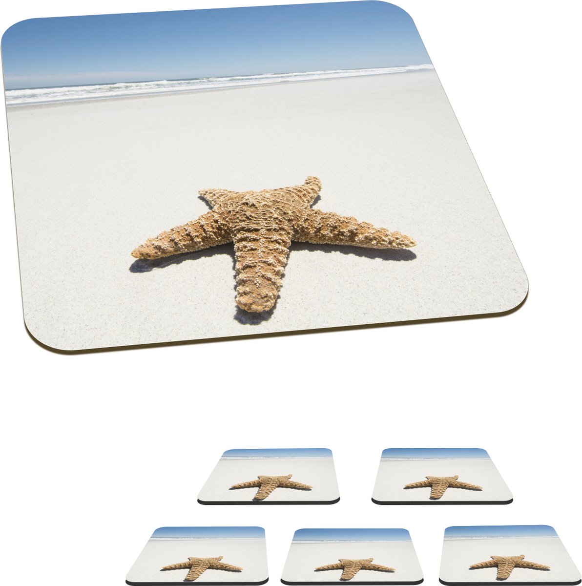 Onderzetters voor glazen - Zeester - Strand - lucht - 10x10 cm - Glasonderzetters - 6 stuks