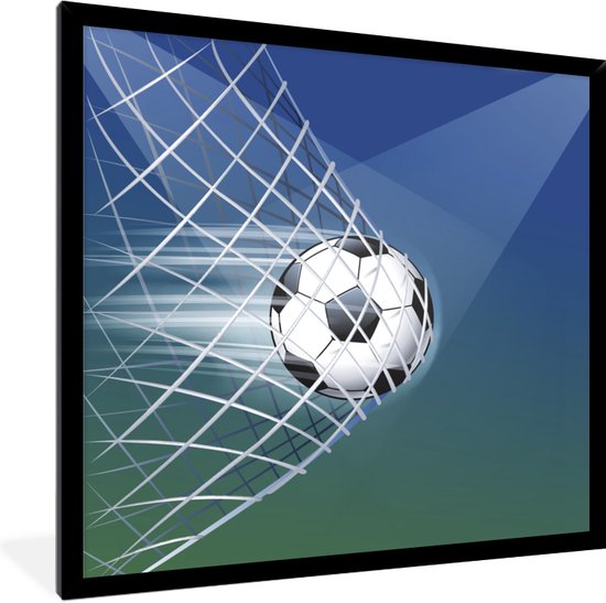 Fotolijst incl. Poster - Een illustratie van een voetbal in het net -Jongens - Meisjes - Kinderen - 40x40 cm - Posterlijst