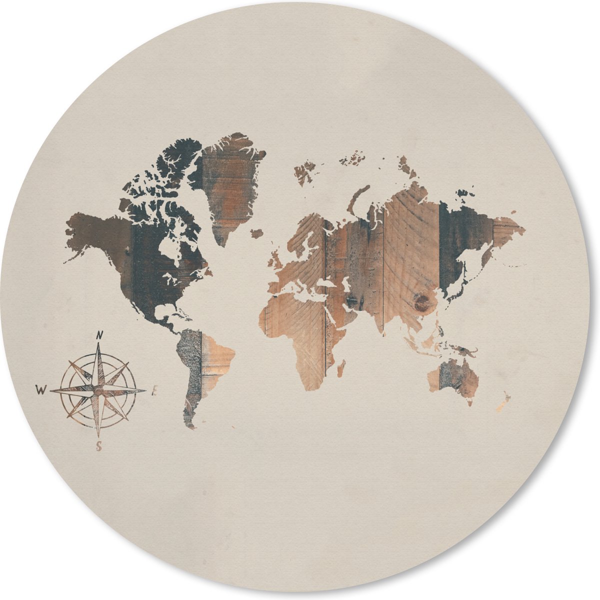 Muismat rond 30x30 cm - Mousepad Wereldkaart - Hout - Kompas - Ronde muismatten