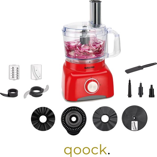 Qoock | Food Processor | Retro Line - Rood | 13 Delig | 800w | Met accessoires