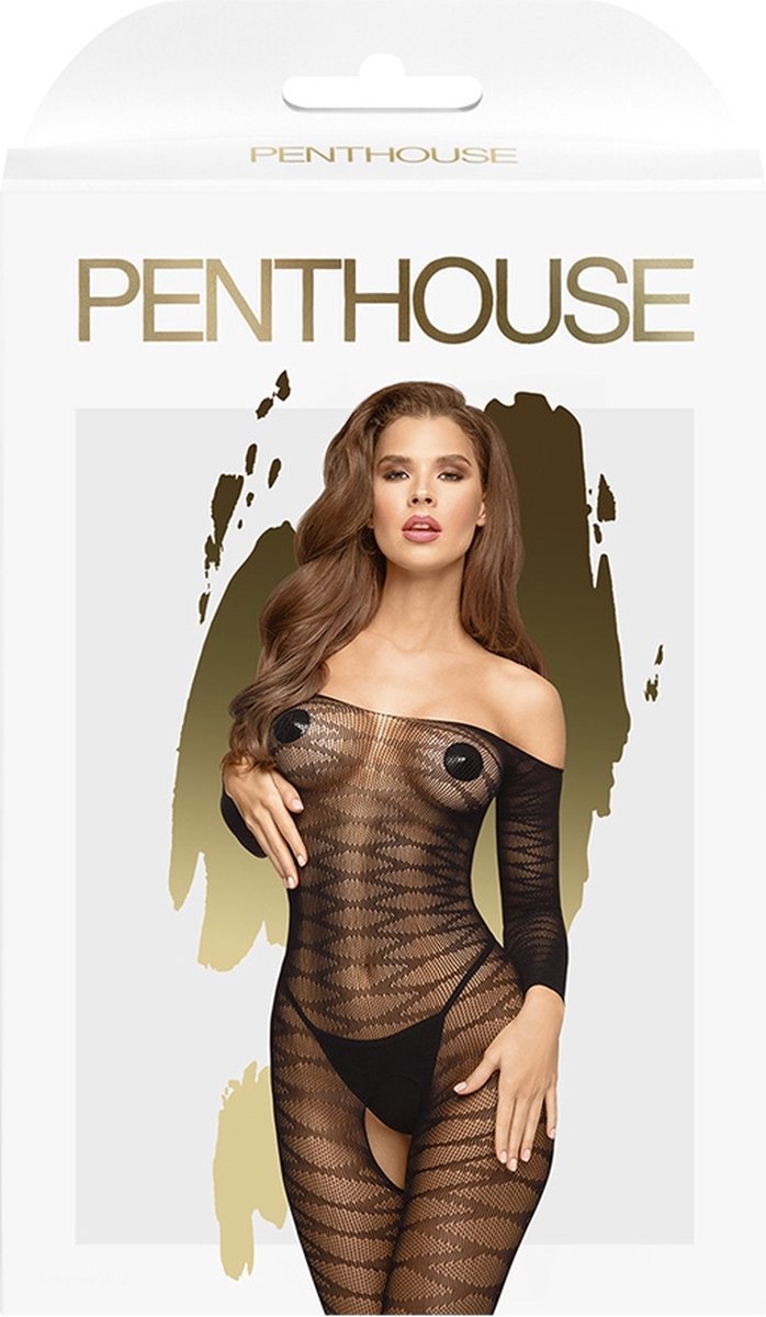 Penthouse Lingerie Dreamy Diva - Off-Shoulder Erotische Catsuit - Maat XL - Zwart