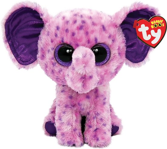 Roze olifant knuffel met paarse spikkels, grote glitter ogen, paarse oren en een Ty label.