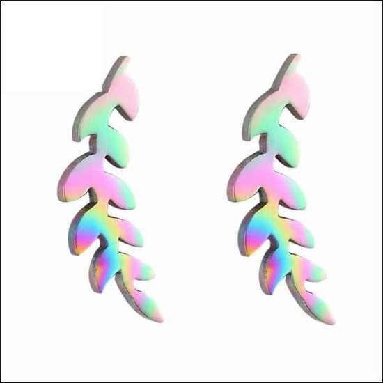 Aramat jewels ®- Regenboog oorbellen -zweerknopjes -blad - staal 12x4mm-oorstekers - oorknopjes - oorstuds -RVS oorbellen - kleurige oorbellen - ronde oorstekers - blad oorbelletjes - dames oorbellen - kinderoorbellen - cadeau