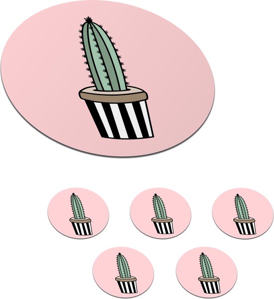 Sous- Sous-verres pour verres - Ronds - Cactus - Design - Pot de fleurs - Rose - 10x10 cm - Sous-verres en verre - 6 pièces